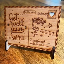 Get Well Soon Flowers Text Personalised Card Engraved Wooden Postcard Gift