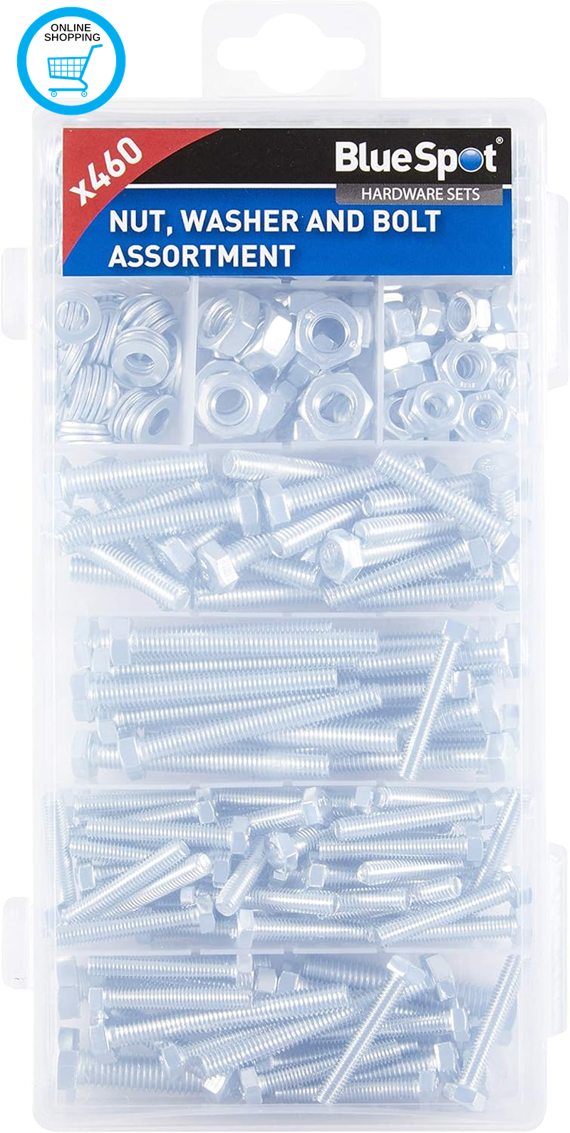 Blue Spot 40516 Bluespot 460 PCE Assorted Nut, Washer and Bolt Set 460Pcs, Silve