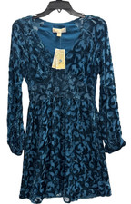 Michael Kors Teal Burnout Velvet Long Sleeve V-Neck Mini Dress Women's Sizes