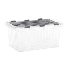 Clear Storage Box, Grey Hinged Lids, 15x10x7, Stackable, BPA Free, Plastic
