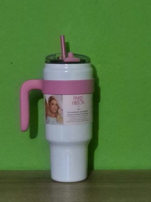 Paris Hilton   weiß-pinke Edelstahl Trinkflasche -  Thermobecher mit Strohhalm