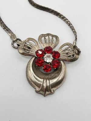 Harry Iskin Silver Necklace red and white rhinestones. 1930s-1950s era.