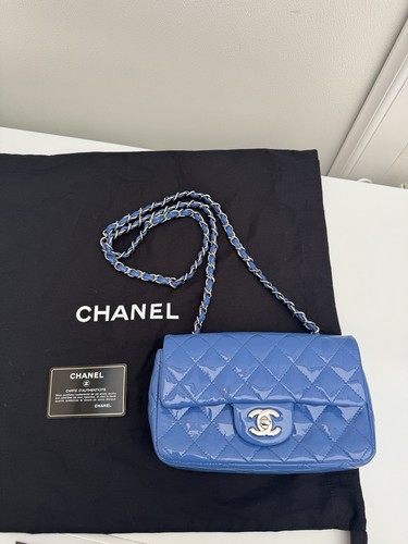 Chanel Patent Light Blue Mini Rectangle Flap Crossbody Shoulder Bag & Dustbag