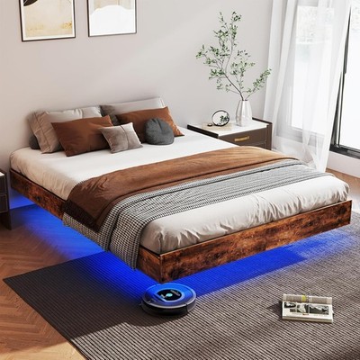 Queen size Floating Bed Frame Metal Platform  Noise Free, Easy Assembly, Brown