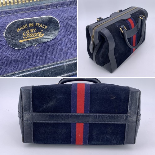 Borsa a mano Boston Gucci in pelle scamosciata blu con strisce Web - Foto 5 di 8