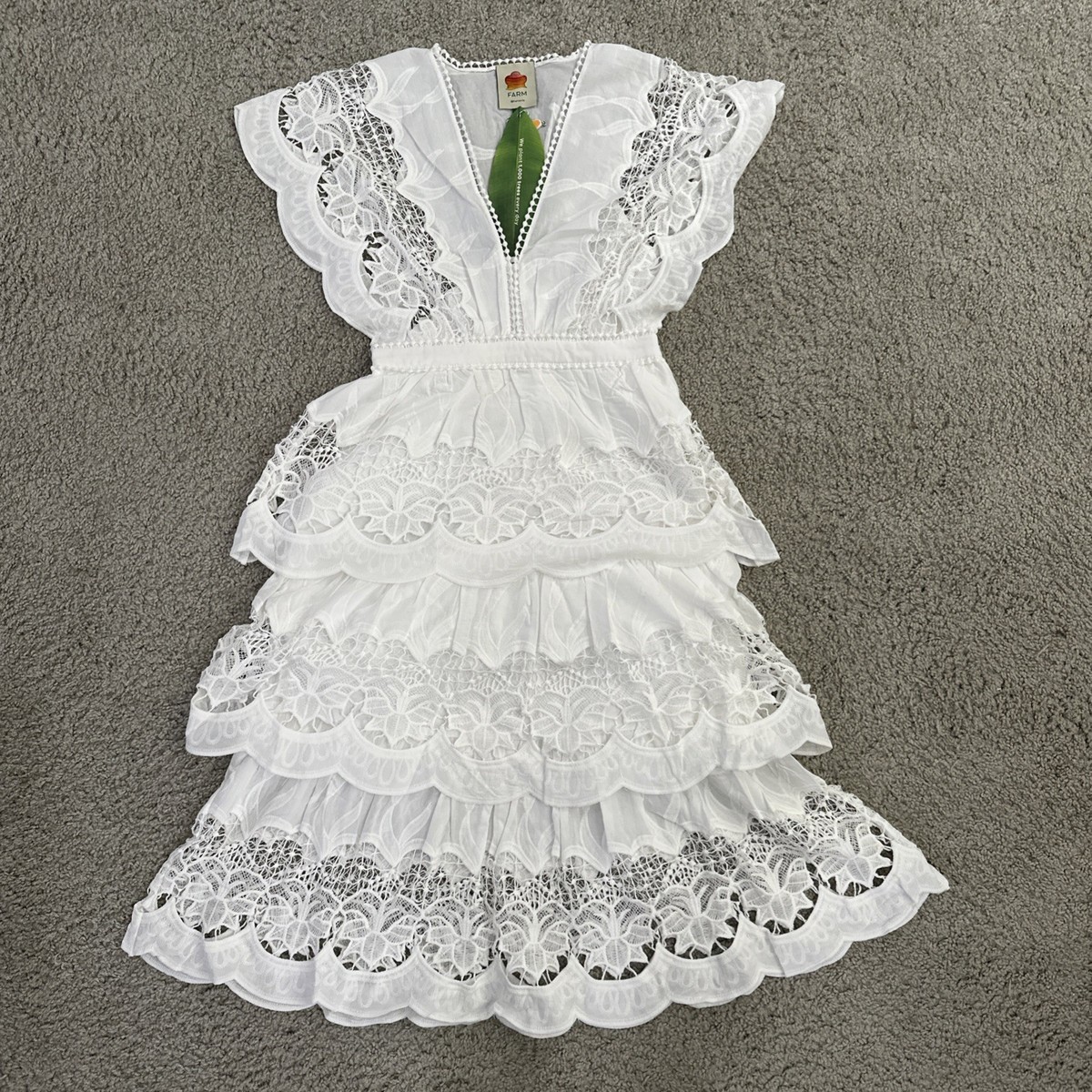 Farm Rio White Richelieu Midi Dress Sz XS - V-Neck Tiered Lace Bridal NWT  $280 | eBay