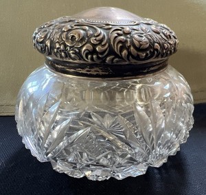 UNGER Bros Art Nouveau Sterling Silver Repousse Cut Glass Vanity Powder Jar
