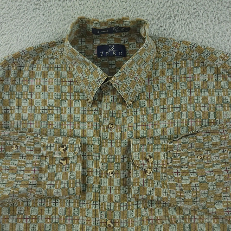 Camisa De Colección Enro Para Hombres XL Marrón Geométrica Manga Larga Vestido Botón Delantero Años 90 Foto 2 de 4