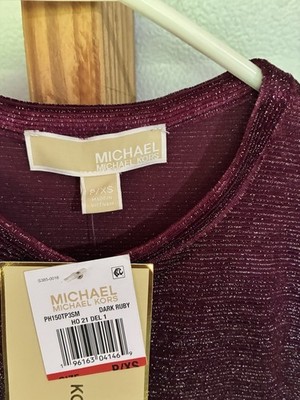 Michael Kors Dark Ruby Glitter Crew Neck Long Sleeve Women's Top P/XS