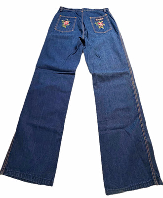 Vintage 70s/80s Marcelle Wide Leg Jeans High Rise Floral Embroidered Dark Wash 