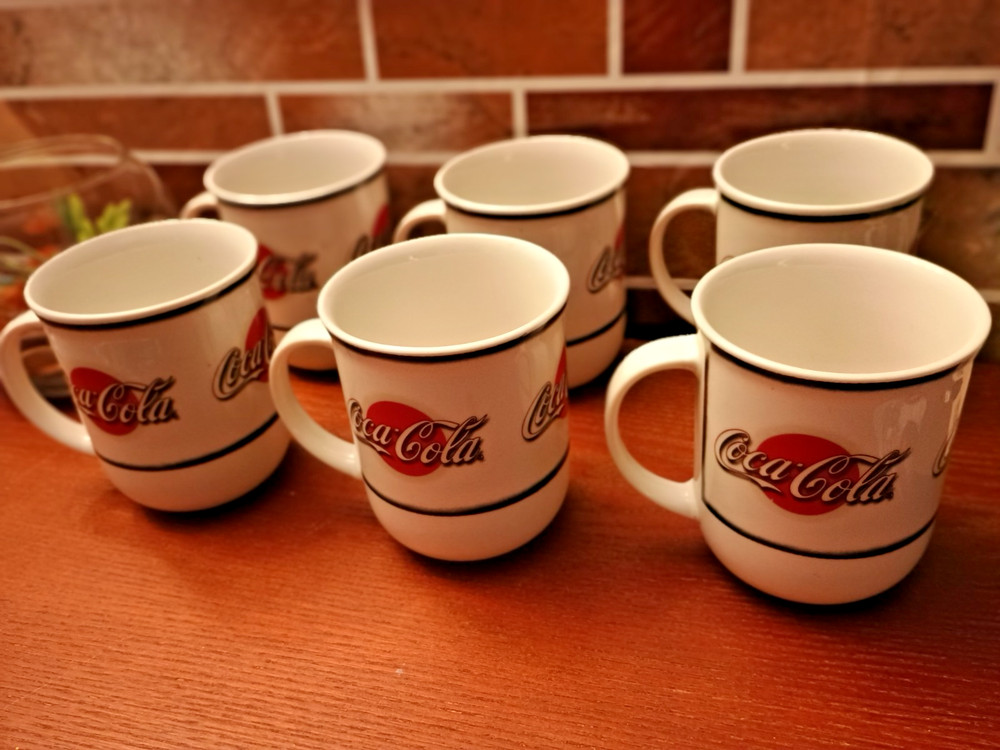 Set of 6 Coca-Cola White Ceramic Coffee Cups Mugs