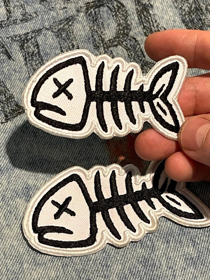 Moohaha Fish Bone 3D Embroidered Patches Sew-On Iron-On Animal Edgy Fun Gift - Image 2 of 4
