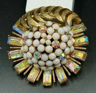 VINTAGE CORO BROOCH AB RHINESTONES & MILK GLASS GOLD TONE ABSTRACT - SIGNED