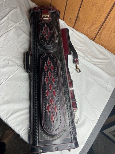 Genuine Leather Hand Tooled Leather Cue Case, Black Red Billiards Pool Lock Key