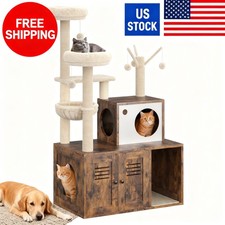 Cat Tree with Lidded Litter Box Enclosure, 55.1" Multi-Level Cat Condo Tower