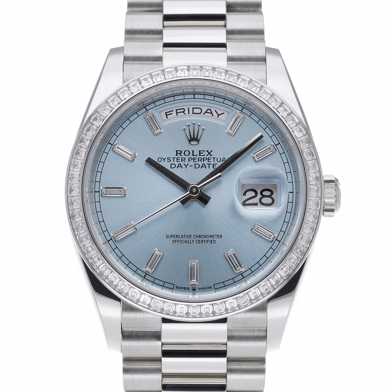 Rolex Day-Date 36 128396TBR with 36mm Platinum case and Ice Blue  dial. Excel...