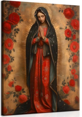 Framed Our Lady of Guadalupe Portrait Canvas Wall Art Virgin Mary in Prayer R...