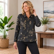 Chico's Women Black Gold Metallic Floral Sequin Zip Front Jacket Size 3 Large XL