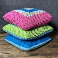 3 Crochet Granny Square Throw Pillow Covers Cottagecore Boho Handmade Decor Lot
