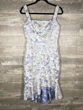 Blue Silver Floral Asym Ruffle Hem Square Neck Dress Sz S Spring Formal Wedding