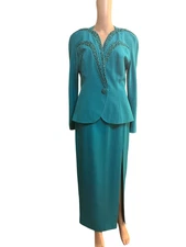 Daymor Couture Teal Beaded Skirt Suit Size 8 Wedding Christmas Cocktail Party