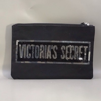 Victoria s Secret Wristlet Cosmetic Bag - Black With Silver Sequins 9'' x 6'' NWOT