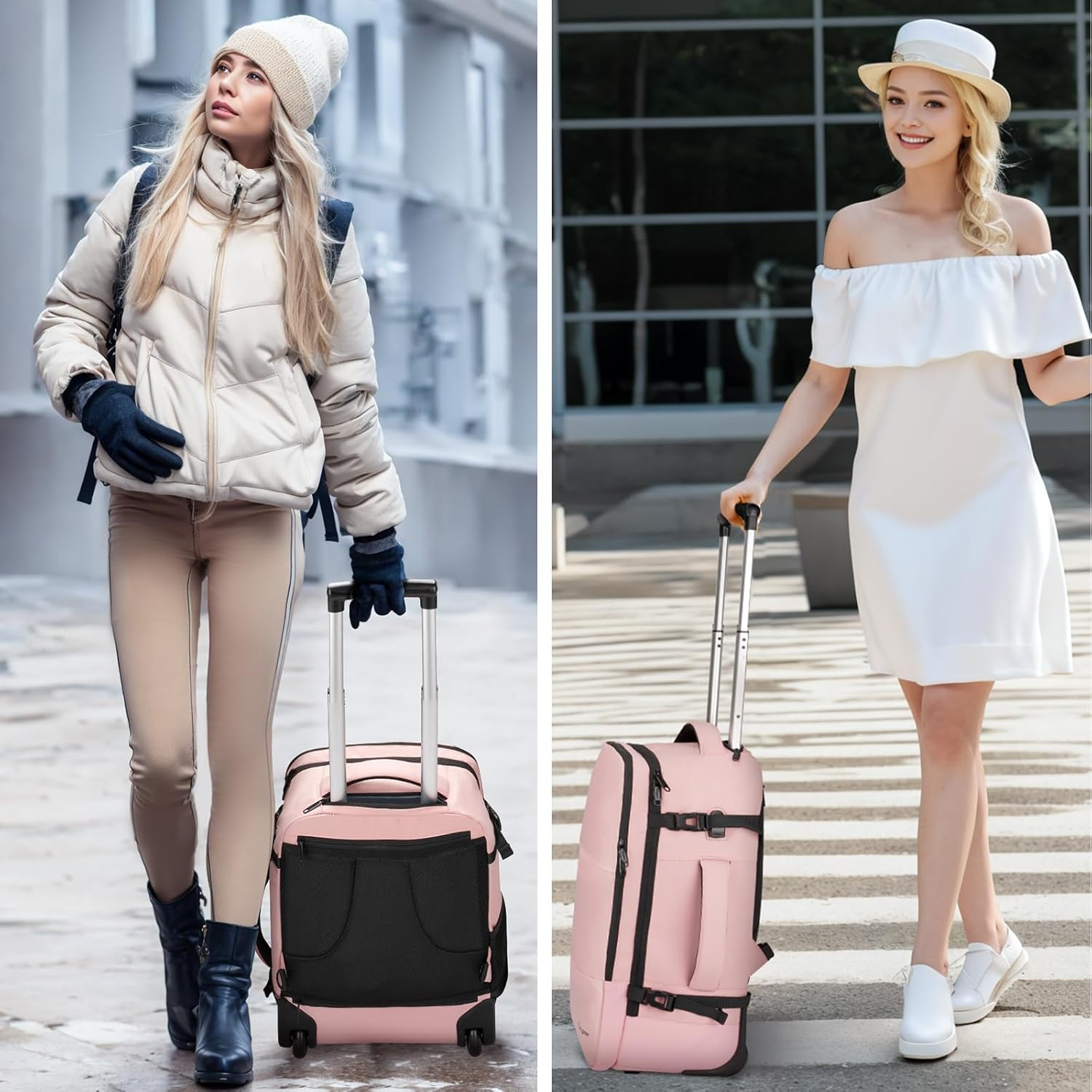 Stylish Pink Rolling Backpack for Women - 17" Laptop & Shoe Pouch Included