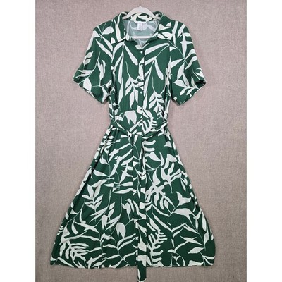 H&M Green White Tropical Palm Leaf Print Belted Button Down Midi Dress Small
