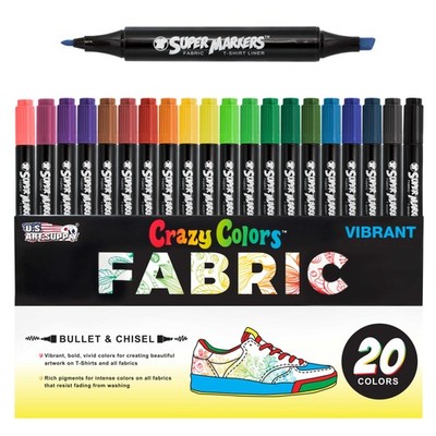 Crazy Colors Dual Tip Fabric & T-Shirt Marker 20 Color Set, Bullet & Chisel Tips