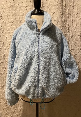 uo willow fuzzy drawstring teddy jacket blue