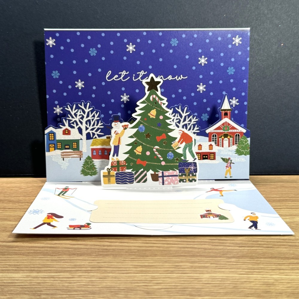 3D POP-UP Christmas Card -Christmas Tree in the Winter Town- Gold Foil Stamping