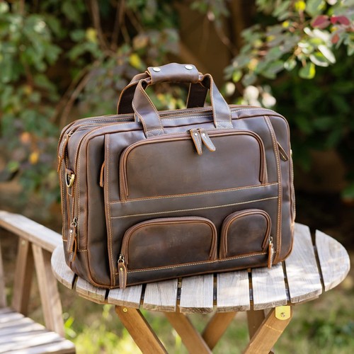 Polare Full Grain Cowhide Leather 17'' Laptop Large Briefcase For Men Business M - Picture 8 of 9