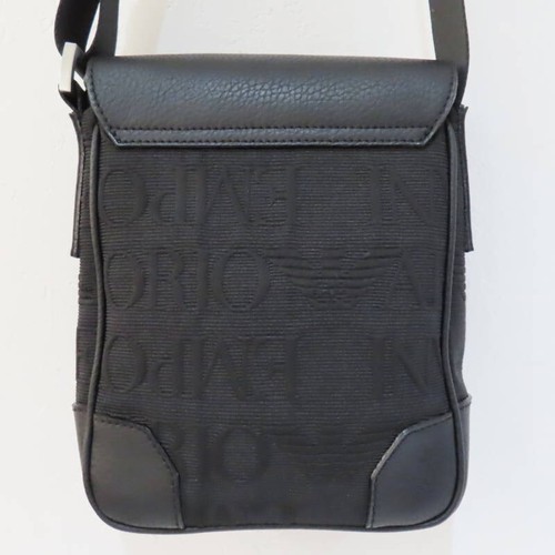 S02-k078 EMPORIO ARMANI Logo allover canvas/leather shoulder bag, black - Picture 2 of 11
