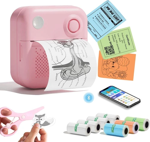 Mini Portable Thermal Printer with 8 Rolls Bluetooth Labels - Pink