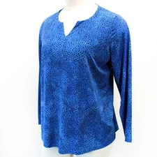 Susan Graver QVC Plus Animal Print Blue Liquid Knit Split Neck Top Tunic 1X