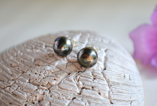 9.5 mm Tahitian Pearl Stud Earrings Genuine Tahitian Pearl Studs Gift For Her - 第 1/9 張圖片