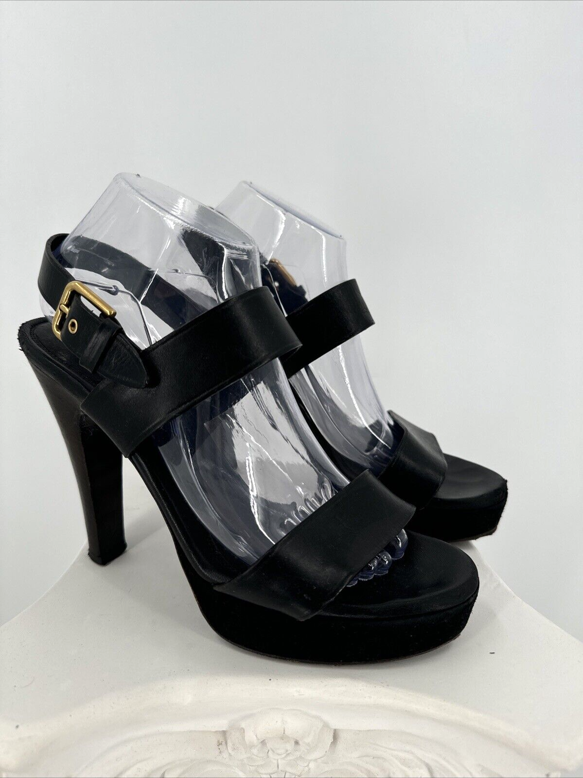 Sandalo YSL Yves Saint Laurent nero plateau cinturino alla caviglia tacco alto punta aperta 39 5