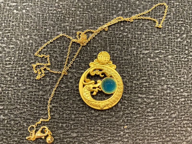 NEW*RARE*GORGEOUS GREEN CARNELIAN JADE稀有天然绿玛瑙玉石DRAGON PENDANT GOLDS925 NECKLACE