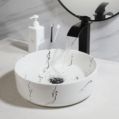White Bathroom Vessel Round Sink Ceramic Basin Bowl With Black Faucet And Drain