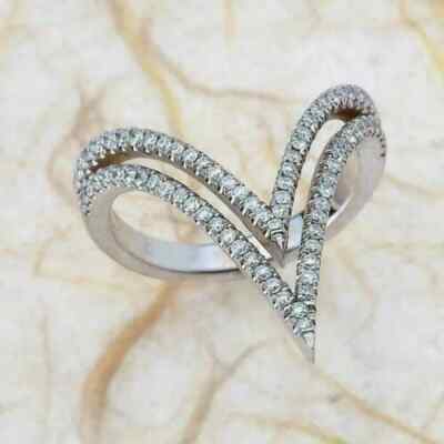White Gold Plated 2 Ct Tester Passing Moissanite Double V Shape Engagement Ring
