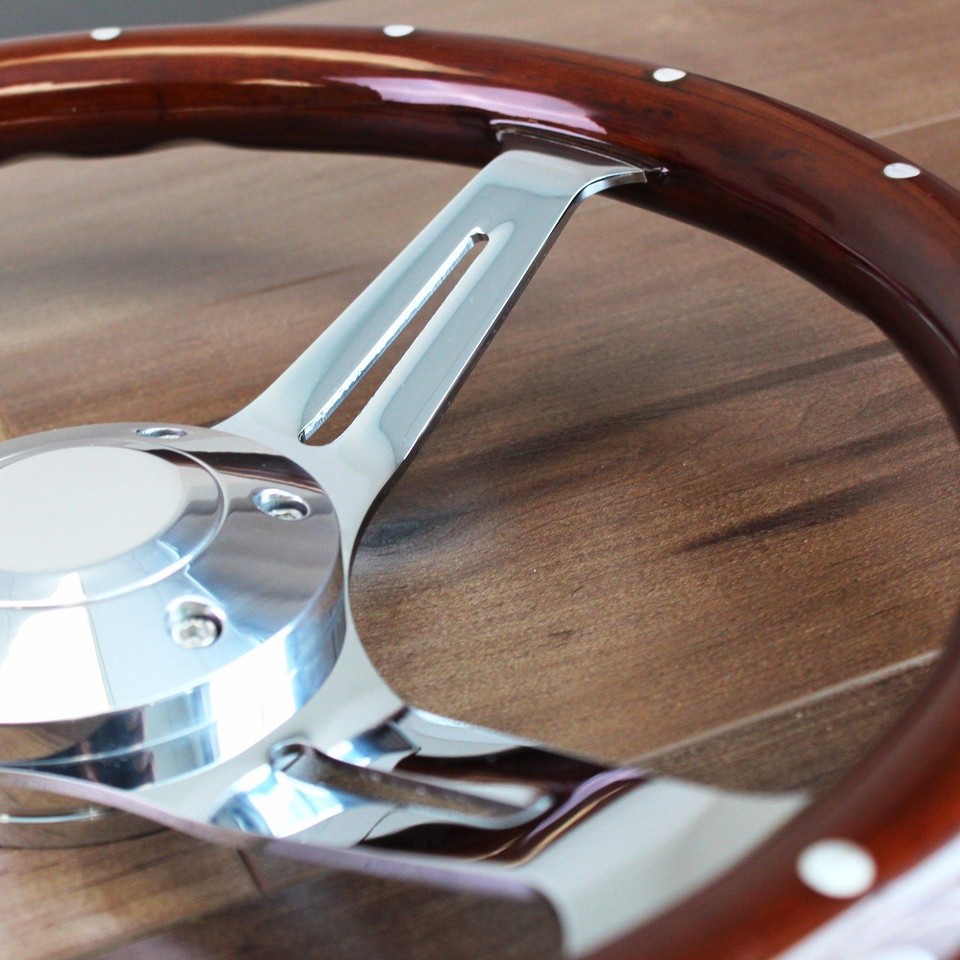 W-Power 14 Classic Dark Wood Mahogany Grip Chrome 3-Spoke 350MM