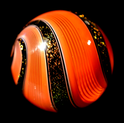 HOT HOUSE GLASS MARBLE/1.726"-TOMATO RED LATTICINIO STYLE W/DICHROIC-WORLDWIDE - Picture 4 of 8