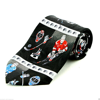 Hockey Game Men's Necktie Ice Skate Coach Team Gift Puck Stick Black Neck Tie