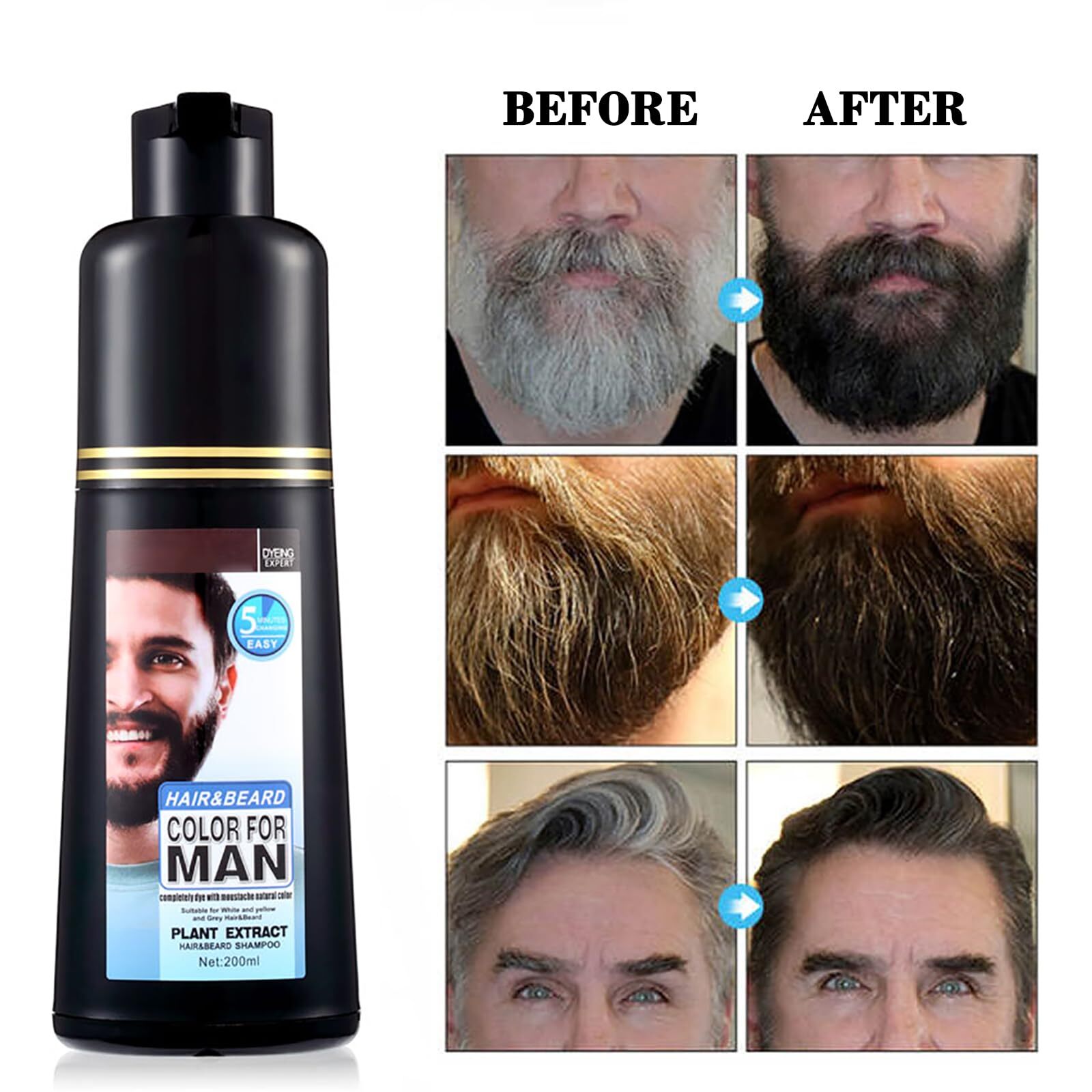 Champu Tinte Negro Natural Para Hombre Cubrir Canas Gris De Cabello Barba Bigote