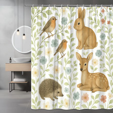 Cute Floral Shower Curtain with Animals and Leaves Design