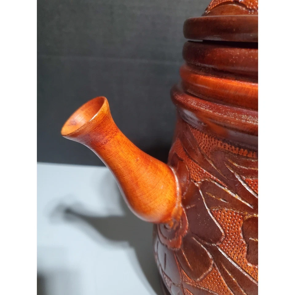 Резной деревянный чайник ручной работы с крышкой деревенский цветочный дизайн декоративный акцент - Изображение 3 из 4