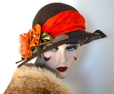 1920s Vintage Style Flapper Wide Brim Fall Winter Hat in Brown and Pumkin