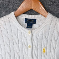 Polo Ralph Lauren White Peplum Cable Knit Cardigan Girls Size 6X Yellow Pony