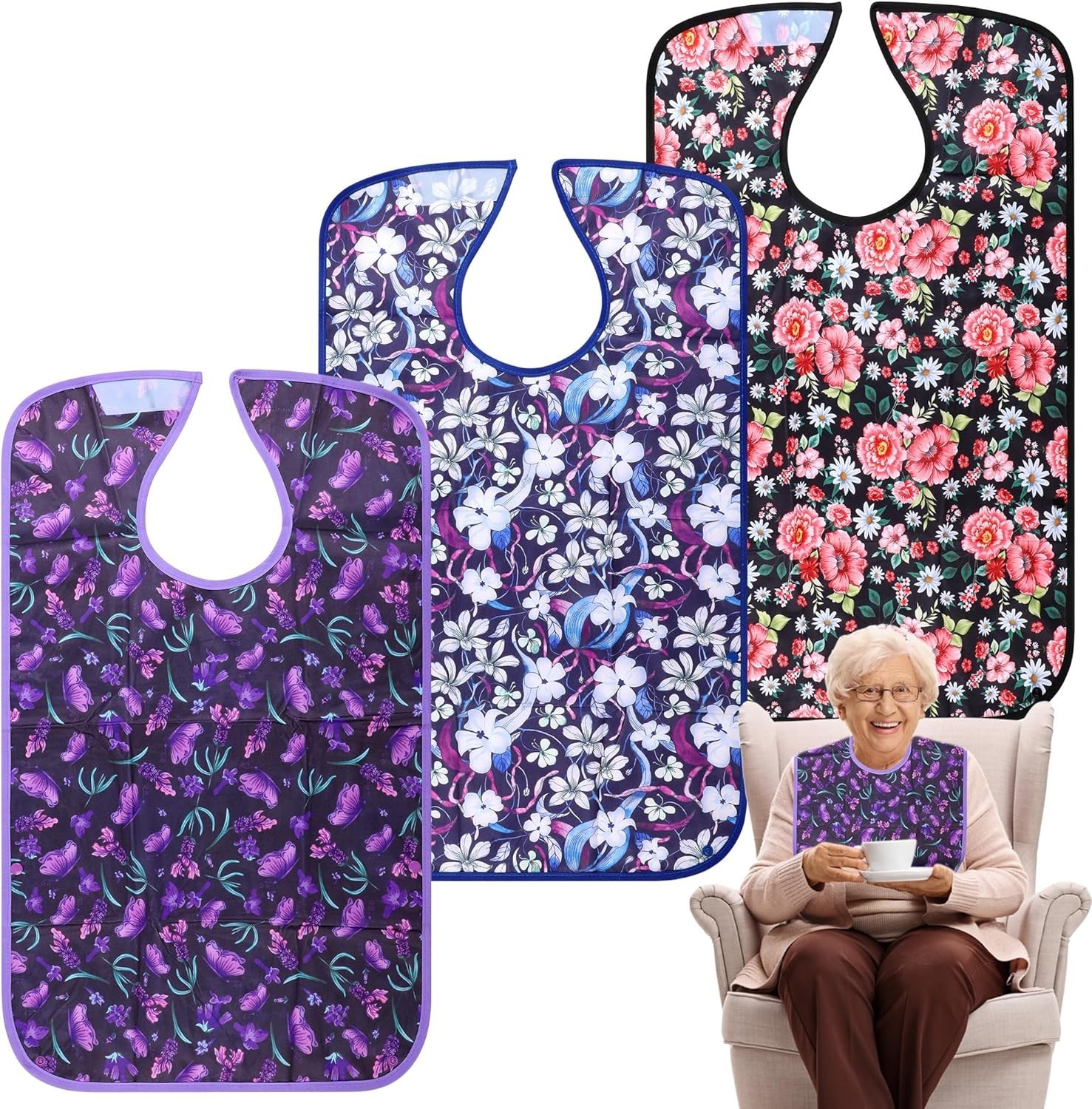 Paquete de 3 baberos reutilizables para adultos, protectores de ropa lavables