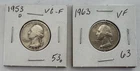 Washington Quarters 1953-D VG-F & 1963 VF Silver Circulated Denver Philly